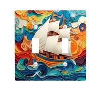 Paper Quilling Nautical Ship Decorative Light Switch Cover Plate 2 Gang Double Toggle, Psychedelic Fun Boat Electrical Faceplate for Kitchen Bathroom, Anime Switchcover Decor