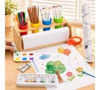 Paper Roll Dispenser for Kids Art Tabletop Easel with Blank & Patterned Paper Rolls, 12 Pigments, Drawing Tools, Pen Cups Craft Station for Kids Ages 3-8 in Home, Classroom