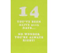 Paper Rose 14th Birthday Card, Funny Humorous Design, Age 14, Lime Green with Raised White Lettering