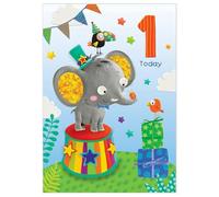Paper Rose 1st Birthday Card for Boys - Age 1 Cute Elephant Circus Design - Premium Greeting Card with Envelope