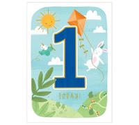 Paper Rose 1st Birthday Card for Boys - Age 1 Cute Rabbit, Mouse & Aeroplane Design - Gold Foil Finish - Premium Greeting Card with Envelope