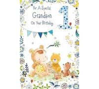 Paper Rose 1st Birthday Card for Grandson - Celebration Age 1 Cute Teddy Bear Tea Party Design - Premium Special First Birthday Greeting Card with Envelope for Baby Boy