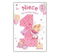 Paper Rose 1st Birthday Card for Niece - Age 1 Cute Girl, Balloons, Cake & Presents - Premium Birthday Greeting Card for Girls with Envelope