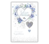 Paper Rose 25th Silver Anniversary Card - Heart and Roses Design - Happy 25th Anniversary for a Couple