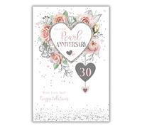 Paper Rose 30th Anniversary Card, Floral Heart Design | Pearl Anniversary, Sentimental Poem, Illustrated Inner, Made in the UK