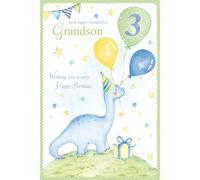 Paper Rose 3rd Birthday Card for Grandson - Age 3 Dinosaur, Balloons & Present Design - Premium Special Birthday Greeting Card for Boys with Envelope
