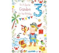 Paper Rose 3rd Birthday Card for Grandson - Vibrant Pirate Treasure Island Design - Cute Age 3 Birthday Greeting Card for a Special Grandson - For Him