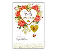 Paper Rose 40th Anniversary Card - Happy Ruby Anniversary Card 40 Years with Floral Heart Design and a Foil Finish - Anniversary Card for a Special Couple