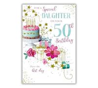 Paper Rose 50th Birthday Card for Daughter - Floral Cake and Gift Design - Foil Finish - Age 50 Birthday Greeting Card for a Special Daughter - For Women