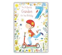 Paper Rose 7th Birthday Card for Grandson - Boy on Scooter Design - Age 7 Birthday Greeting Card with Envelope