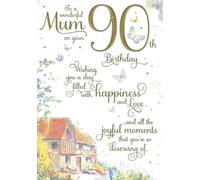 Paper Rose 90th Birthday Card for Mum, Floral Cottage and Butterfly Design, Gold Foil Lettering, with Envelope