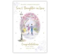 Paper Rose Anniversary Card for Son & Daughter in Law - Romantic Walk in the Park Design - Foil Finish - Anniversary Greeting Card for a Special Couple