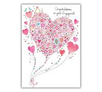 Paper Rose Artistic Open ''Engagement Congratulations'' - From The Daisy Patch Range - Floral Heart - Silver Foil Finish, Pink Red Yellow Blue, 118 x 170 mm