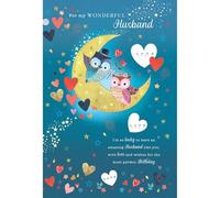 Paper Rose Wonderful Husband Birthday Card - Cute Owl Couple on the Moon with Love Hearts and Holographic and Foil Details - Eco-Friendly and Recyclable