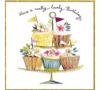 Paper Rose Birthday Card -Lovely Birthday - Cupcakes on Cake Stand- Gold Foil Finish - For Her