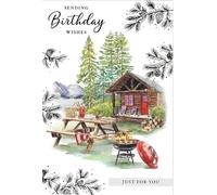Paper Rose Birthday Card, Rustic Cabin & Forest Scene, Nature Lodge Theme, Greeting Card with Envelope