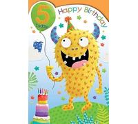 Paper Rose Boys 5th Birthday Card - Age 5 - Yellow Monster & Balloon with Die Cut Edge - Eco-Friendly & Recyclable - Made in the UK
