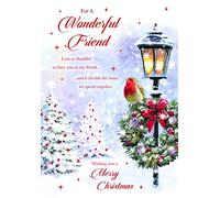 Paper Rose Christmas Card for Friend - Snowy Wreath Scene Design - Foil & Flitter Finish - Christmas Greeting Card for a Wonderful Friend