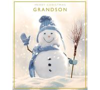 Paper Rose Christmas Card for Grandson - Happy Snowman Design - Festive Greeting Card for Him
