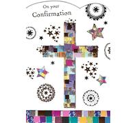 Paper Rose Confirmation Greeting Card, Patchwork Cross & Stars Design, with Envelope
