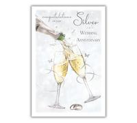 Paper Rose Congratulations On Your Silver Wedding Anniversary Card - Elegant Champagne Glasses & Rings - Premium Happy 25th Anniversary Greeting Card with Envelope - 25 Years