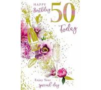 Paper Rose Female Age 50 Milestone Birthday Card - Special 50th Champagne Bottle & Flowers with Gold Foil - Eco-Friendly & Recyclable - Printed in the UK