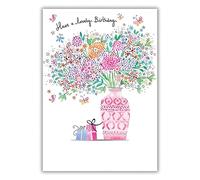 Paper Rose Female Birthday Card - Happy Birthday Card with Floral Vase and Presents Design and a Foil Finish - Birthday Card for Women or Girls