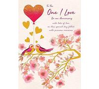 Paper Rose Female 'Happy Anniversary' Card - 'One I Love' - Beautiful Bird, Blossom and Heart Balloon Design with a Foil Finish - For Her - The Hazy Days Range