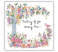 Paper Rose Female Thinking of You Card - Thinking of You Card with Artistic Floral Tree and Bird Design and an Embossed Foil Finish