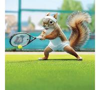 Paper Rose - Funny Tennis Playing Squirrels, Open Greeting Card, Animal Sports Theme, Blank Inside For Your Own Message