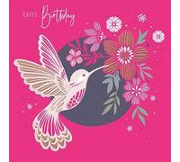 Paper Rose General Female Birthday Card for Women/Girls - 'Happy Birthday' Pink Hummingbird and Floral Design with Embossed Rose Gold Foil - Eco-Friendly & Recyclable