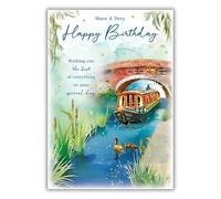 Paper Rose General Male Birthday Card for Men - Barge and Ducks on the Canal - Gold Foil Finish - Eco-Friendly & Recyclable