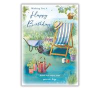 Paper Rose General Male Birthday Card for Men - Deckchair in Sunny Garden - 'Relax and Enjoy Your Special Day' - Gold Foil Finish - Eco-Friendly & Recyclable