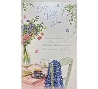 Paper Rose Get Well Soon Card, Floral Design with Teacup and Vase, Embossed Finish, Heartfelt Message Inside