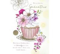 Paper Rose Godmother Birthday Card, Floral Cupcake Design with Gold Foil Details, Pastel Tones, Botanical Artwork, Heartfelt Birthday Message Inside