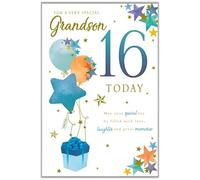 Paper Rose Grandson 16th Birthday Card - Happy Birthday Card with Balloons and Stars Design and Special Finish - Birthday Cards for Boys