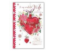 Paper Rose Grass Roots Wonderful Wife 'Happy Christmas' Card - A Lovely Design With Heart Bauble And Festive Flowers - For Her - Foil And Flitter Finish, Red Green, 160 x 235 mm
