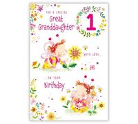 Paper Rose Great Granddaughter 1st Birthday Card - Happy Birthday Card with Girl, Bumblebee and Flowers Design and Special Finish - Birthday Cards for Girls