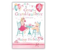 Paper Rose Great Granddaughter 4th Birthday Card - Happy Birthday Card for Girls Age 4 with Teddy Bear Party Design and Foil and Flitter Details
