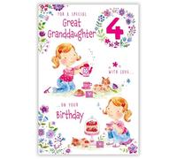Paper Rose Great Granddaughter 4th Birthday Card - Happy Birthday Card with Girl, Cat and Flowers Design and Special Finish - Birthday Cards for Girls