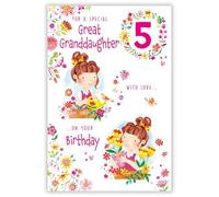 Paper Rose Great Granddaughter 5th Birthday Card - Happy Birthday Card with Girl and Flowers Design and Special Finish - Birthday Cards for Girls