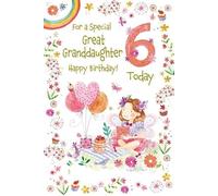 Paper Rose Great Granddaughter 6th Birthday Card, Lovely Birthday Picnic Design, Bordered with Rainbow, Flowers & Cupcake