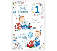Paper Rose Great Grandson 1st Birthday Card - Happy Birthday Card with Boy, Teddy Bear and Toys Design and Special Finish - Birthday Cards for Boys