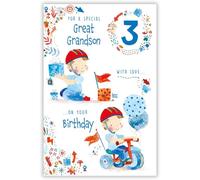 Paper Rose Great Grandson 3rd Birthday Card - Happy Birthday Card with Boy, Tricycle and Balloons Design and Special Finish - Birthday Cards for Boys