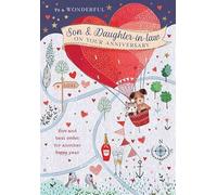 Paper Rose 'Happy Anniversary' Greeting Card - Son & Daughter-in-Law - Dog & Cat Heart Hot Air Balloon - From The Florentine Range - With A Silver Foil Finish