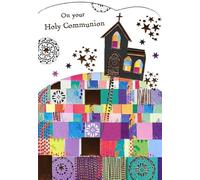 Paper Rose Holy Communion Greeting Card, Church & Patchwork Design, with Envelope