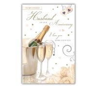 Paper Rose Lovely Husband Anniversary Card - Elegant Champagne and Roses Design - Happy Anniversary Card for Him - Foil Finish