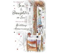 Paper Rose Luxury Wedding Anniversary Card for Son and Daughter-in-Law, Romantic Table Scene Design with Foiled Finish, Includes Envelope