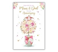Paper Rose Mum and Dad Anniversary Card - Elegant Floral Tree and Lovebirds Design - Foil Finish - Happy Anniversary Card for Parents