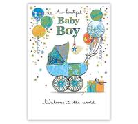 Paper Rose New Baby Boy Congratulations Card - Birth Congratulations Card with Pram and Balloons Design and Embossed Foil Details